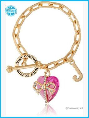 Gold-Tone Toggle Bracelet with Heart and Logo Charms Y2K Statement Jewelry
